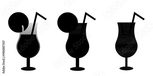 Silhouette of Cocktail Glasses with Straw and Garnish