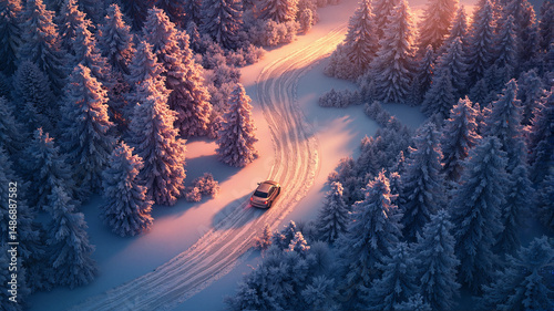 Car driving through snowy forest
