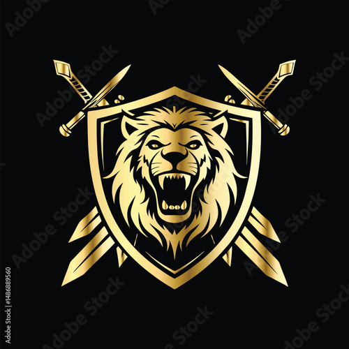 Luxury lion head logo template. Lion head with crossed swords and crown, heraldic vector illustration. Retro style heraldry logo.