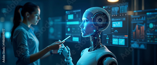 Modern Digital Depiction of AI-Powered Workers Enhancing Operational Efficiency with Automated Task Management & Intelligent Data Processing for Enterprise Growth - Photo Stock Concept with Empty Spac