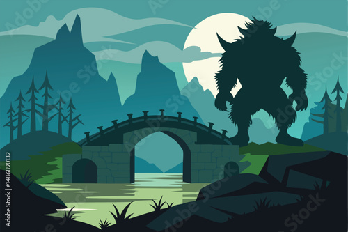 Silhouette of a Threatening Troll Guarding an Ancient Stone Bridge