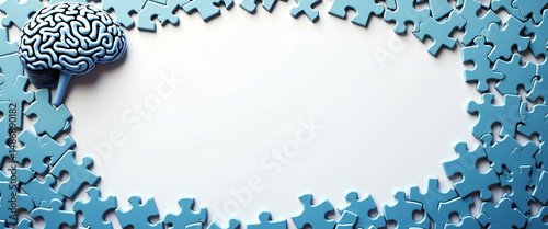 Brain and Puzzle Pieces Border Frame for World Mental Health Day: A Creative Concept for Mental Clarity with Central Copy Space and Left-Side Empty Space in Photo Stock