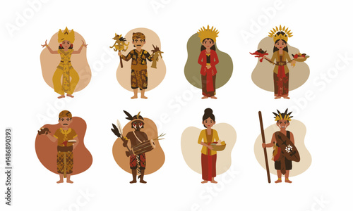  Illustrations of Diverse Traditional Indonesian Clothing.  A collection of eight flat vector illustrations showcasing people wearing various traditional clothing from different regions of Indonesia.