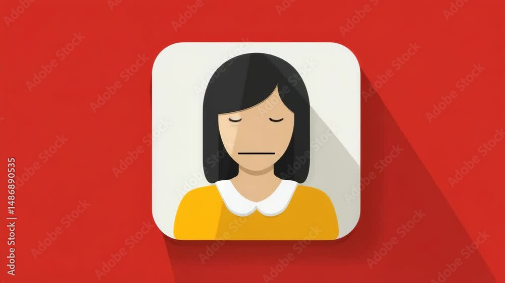 A flat design icon of a sad young woman with black hair, closed eyes, and a frowning mouth, set against a red background. A flat design icon of a sad young woman with black hair, closed eyes, and a frowning mouth, set against a red background.