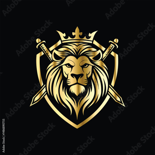 
Lion head coat of arms with golden shield, crossed arrows and crown. Heraldic vector design element. Retro style label, heraldry logo. Luxury lion head logo template.