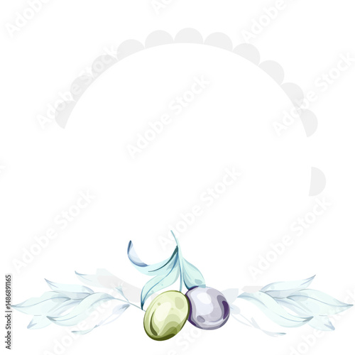 Olives and olive oil watercolor illustration highlighting the essence of Italian cuisine and nature frame, border, arrangement