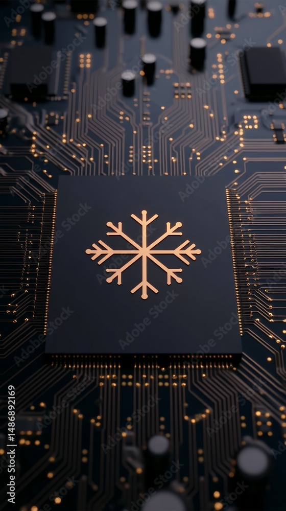 Fototapeta premium A close-up of a dark circuit board featuring a gold snowflake icon centered on a black chip