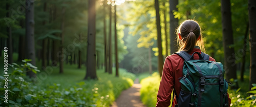 A woman hiker walks through green forest highlighting outdoor adventure and nature exploration. concept as A woman hiker walks through green forest highlighting outdoor adventure and nature exploratio