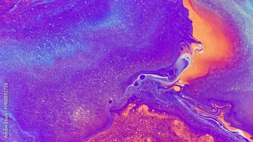 Abstract Fluid Acrylic Pour Painting: Cosmic Swirls of Purple, Orange, and Blue