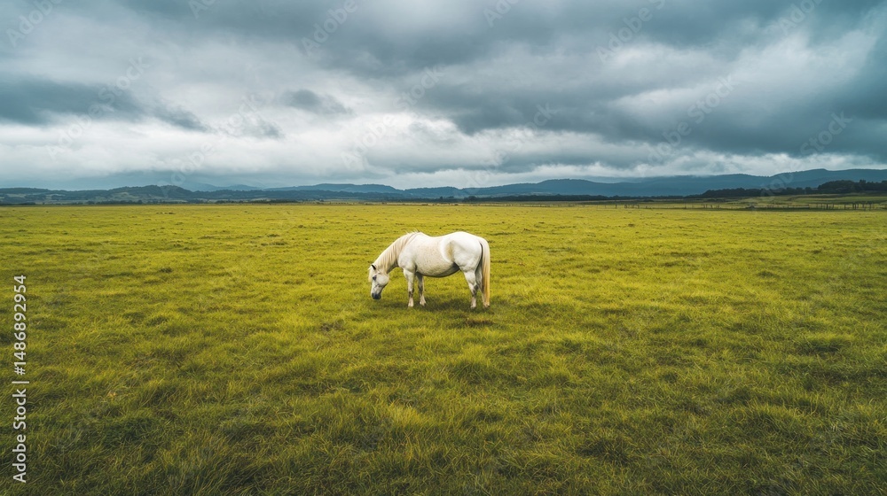 Fototapeta premium White horse grazing in a green field under a cloudy sky