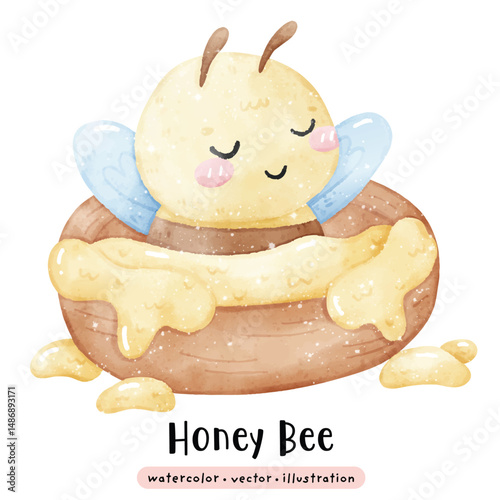 Cute Kawaii Bee and honey in watercolor vector illustration