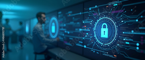Refined Imagery Showcasing Integrated Cybersecurity Practices and AI Ethical Standards in Innovative Tech R&D Labs - Photo Stock Concept with Left Space