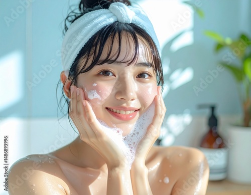 クリーミーな泡で洗顔をしている日本人女性