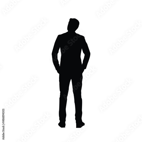 Silhouette of a man standing casually with head tilted, hands in pockets, relaxed and thoughtful.