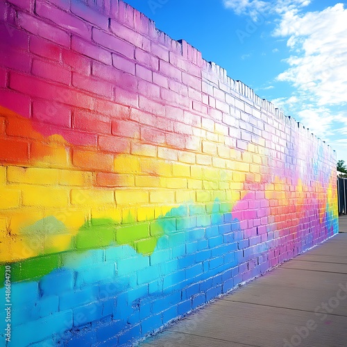 Vibrant rainbow mural on a brick wall