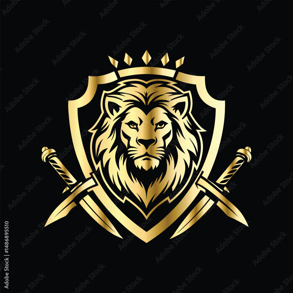 Obraz premium Lion head coat of arms with golden shield, crossed arrows and crown. Heraldic vector design element. Retro style label, heraldry logo. Luxury lion head logo template.
