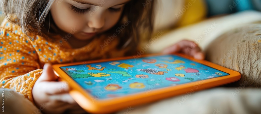 Fototapeta premium Toddler uses tablet with animal illustrations