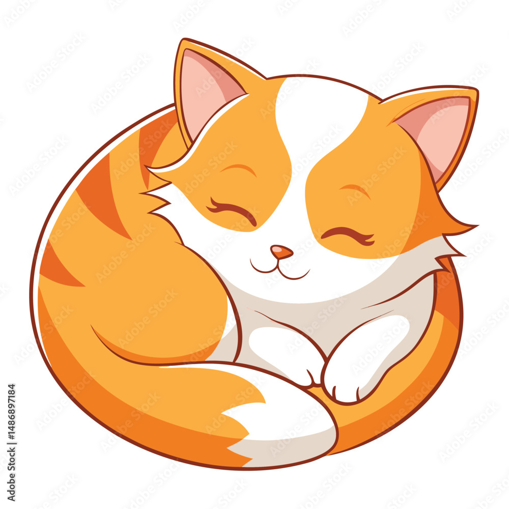 Fototapeta premium A sweet orange and white kitten curled up in a peaceful slumber with white background.