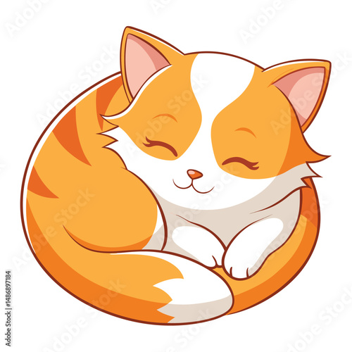 A sweet orange and white kitten curled up in a peaceful slumber with white background.