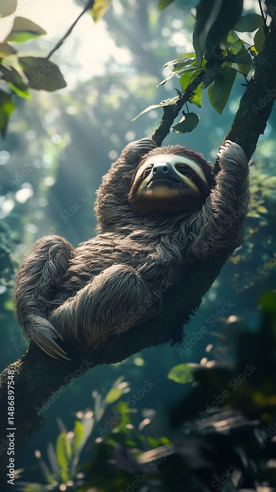 Fototapeta premium Lazy sloth in lush green forest
