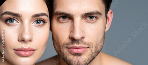 Graceful portraits of a woman and a man with glowing skin and natural makeup. A concept suitable for beauty and skincare promotions.
