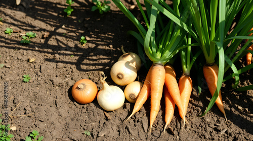Onions and carrots in organic garden.