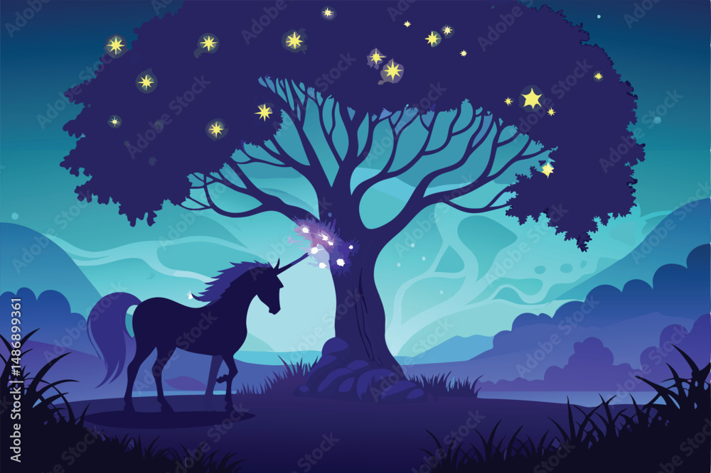 Majestic Unicorn Silhouetted Under a Majestic Tree in a Serene Forest Majestic Unicorn Silhouetted Under a Majestic Tree in a Serene Forest