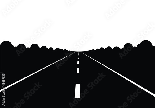 Highway silhouette. This image depicts a black highway silhouette, showcasing a straight road receding into the distance with dashed lines. Vector clipart illustration design.