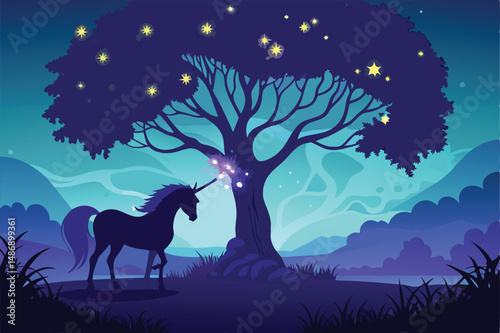 Majestic Unicorn Silhouetted Under a Majestic Tree in a Serene Forest