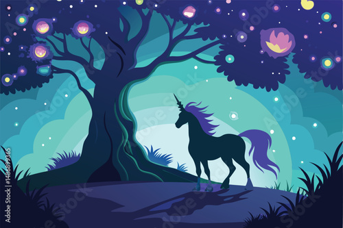 Silhouette of a Majestic Unicorn Standing Gracefully beneath a Towering Tree