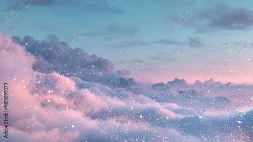 Pink and blue pastel sky with sparkling glitter particles floating over fluffy clouds. Dreamy, ethereal atmosphere. Soft lighting creates a magical, serene mood.