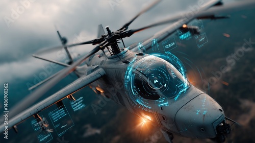 Futuristic military helicopter in flight, advanced cockpit displays