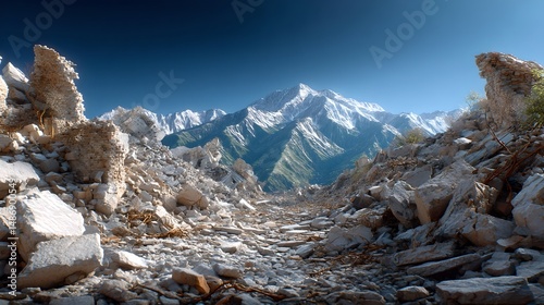 Breathtaking rocky mountain peaks towering against a clear blue sky in nature's splendor photo