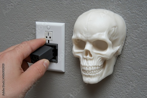 Hand inserting a small, dark gray device into a wall outlet next to a white skull decoration
