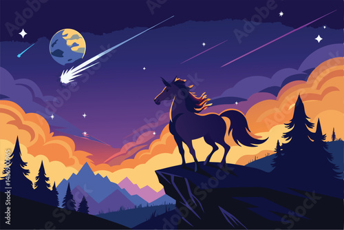 A Unicorn's Mystical Encounter with a Comet Across the Night Sky