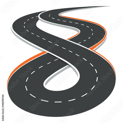 Illustrate a winding, asphalt road with dashed white lane markings  with white background.