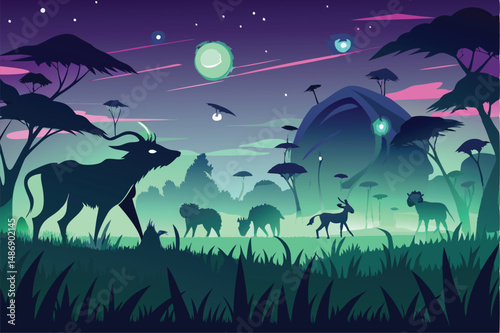 Ethereal Silhouettes of Alien Beasts Grazing in Extraterrestrial Meadows