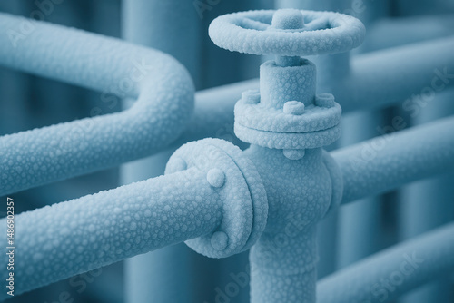 Frozen industrial valve and pipes in cold conditions showcasing extreme temperature effects