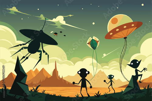 Ethereal Silhouette of Alien Beings Reveling in Kite-Flying Extravaganza