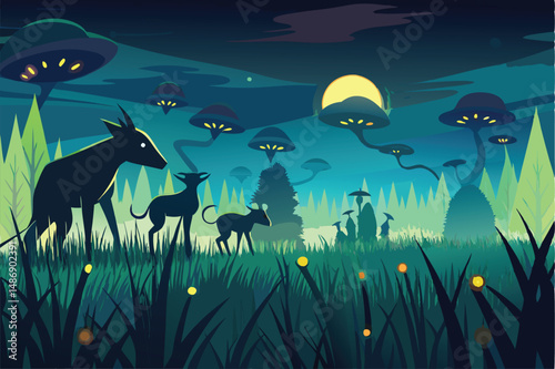 Alien Herd Silhouettes Gracefully Grazing in Verdant Fields at Night