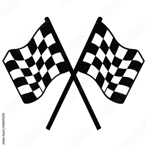 Illustrate two crossed, waving black and white checkered flags with white background.