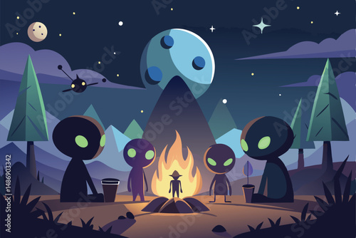 Eerie Campfire Gathering of Extraterrestrial Silhouettes under Starry Night