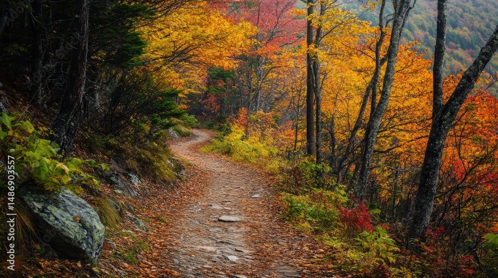 Obraz premium Autumnal path winding through colorful mountain forest.