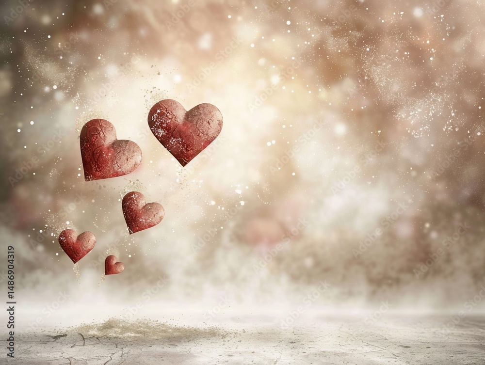 Obraz premium Romantic heart-shaped objects floating over a textured surface, evoking a winter or snowy background