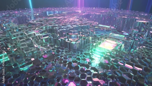 ゲーム背景　デジタルサイバーワールドの概念夜景風景ハニカム構造