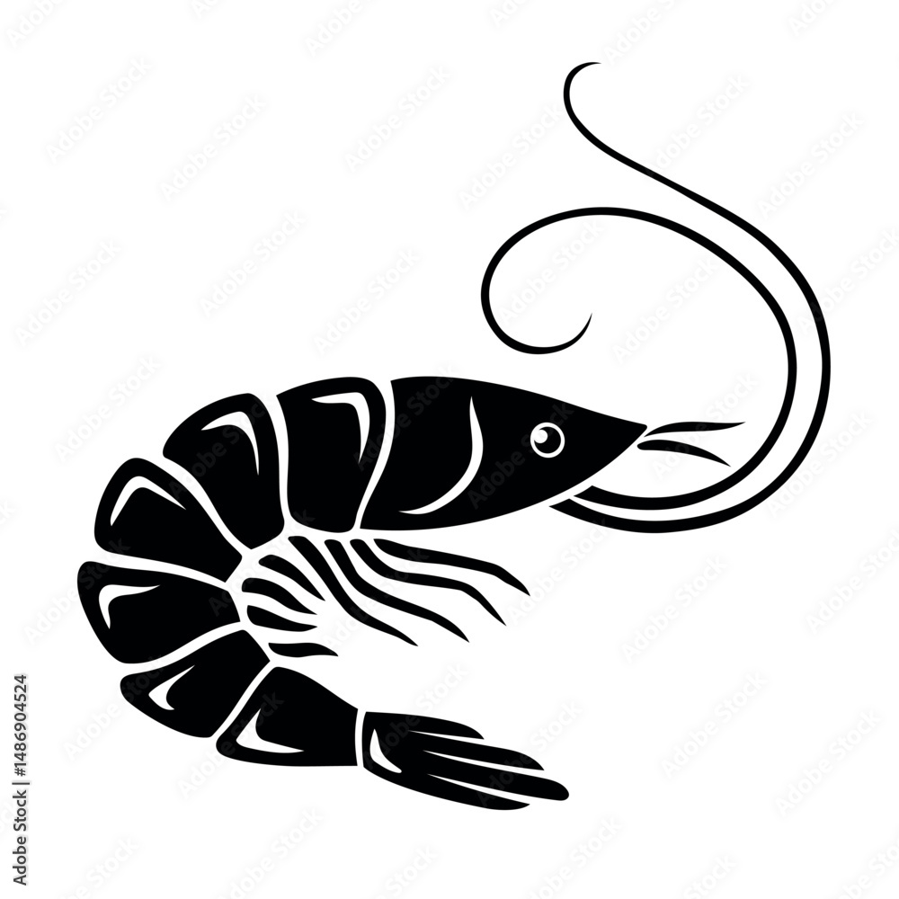 Fototapeta premium Shrimp vector icon. Seafood logo, sign and symbol. Sea animal Caridea. Shrimp silhouette. Fresh sea shrimp. Illustration isolated on white background..eps