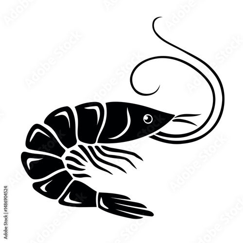 Shrimp vector icon. Seafood logo, sign and symbol. Sea animal Caridea. Shrimp silhouette. Fresh sea shrimp. Illustration isolated on white background..eps