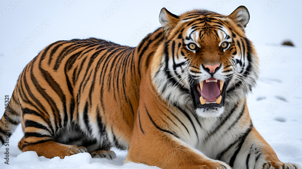 Obraz premium Retrato impactante de un tigre siberiano con el pelaje mojado, rugiendo con intensidad y mostrando su poderosa dentadura