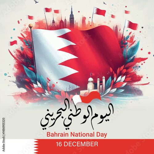 Bahrain National Day Celebration – Arabic Calligraphy and Flag with Red Artistic Theme