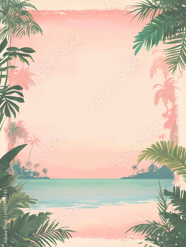 Wallpaper Mural Tranquil tropical beach scene, framed by lush palm leaves, pastel pink sunset sky, and turquoise ocean. Perfect for summer vacation or travel themed projects. Torontodigital.ca